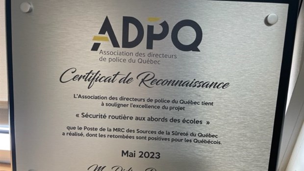 Le poste de la sureté du Québec de la MRC des Sources récipiendaire d’une reconnaissance de l’ADPQ